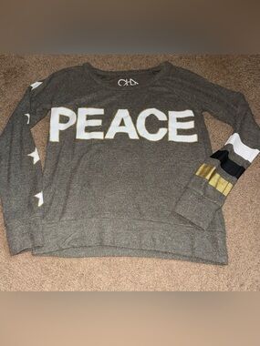 Chaser Gray 'PEACE' Crewneck Sweater with Gold & White Accents